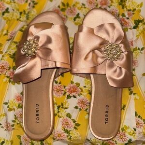Torrid Blush Pink Satin Slide Sandals with Pearl/Crystal Brooch Accents